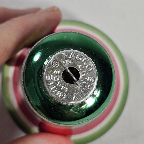 2 Christopher Radko Christmas Ornaments Shiny Brite Bell Stripe Red Green Silver - Picture 3 of 7